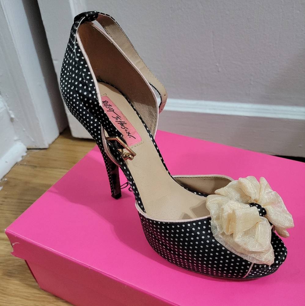 Betsey Johnson "Oli" black satin, polka-dot, open-toe high heel shoes size 6.5.